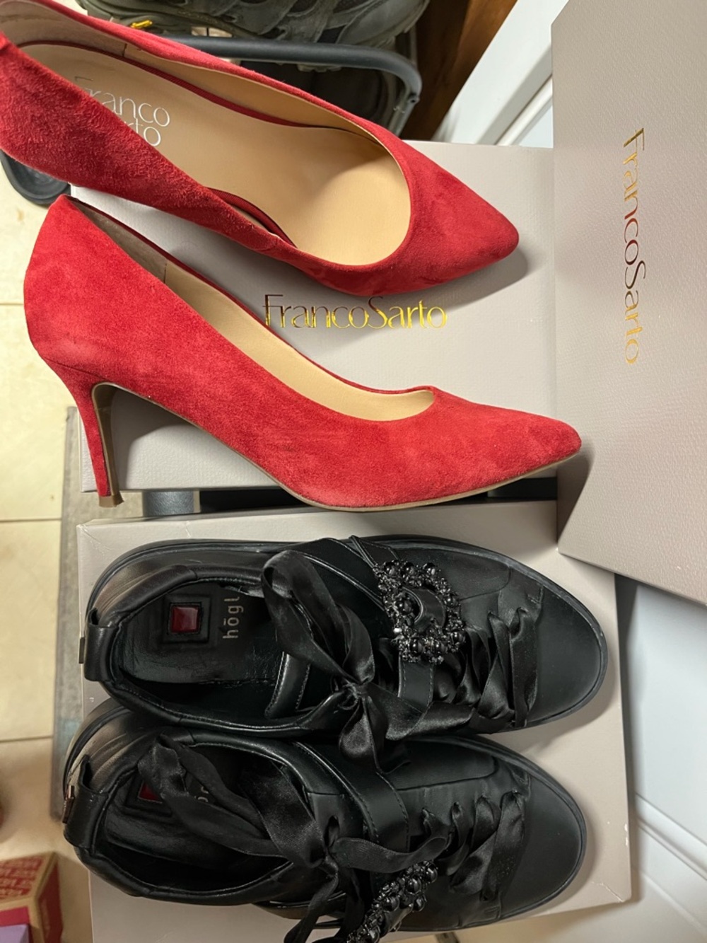 2 pairs Franco Sarto Red Suede Pumps/ 
Black Embellished Satin-Laced Sneakers